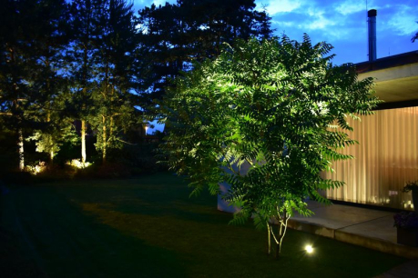 Nasvícení stromů v zahradě zápustnými LED reflektory 